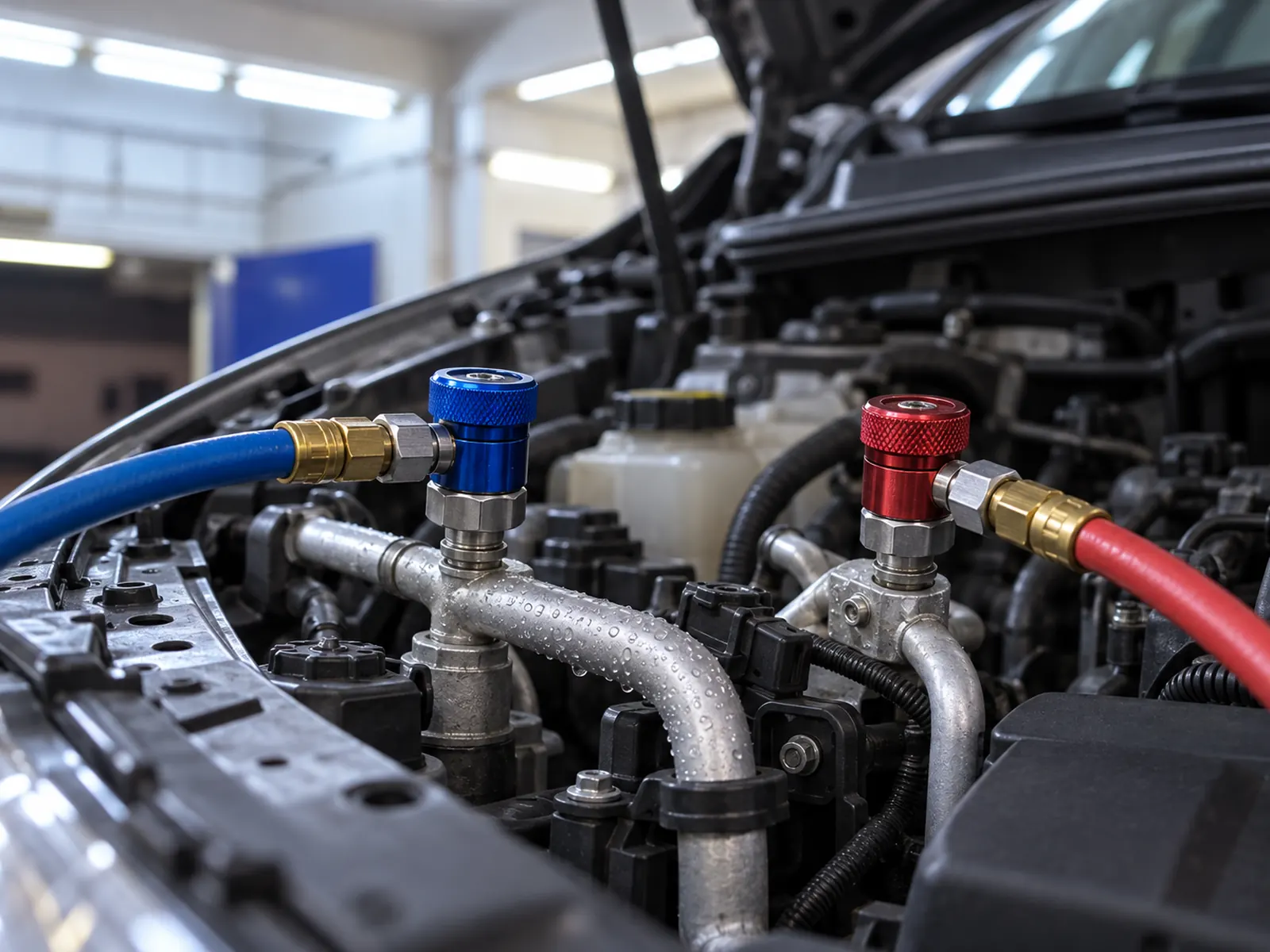 A/C station hoses connected under the bonnet