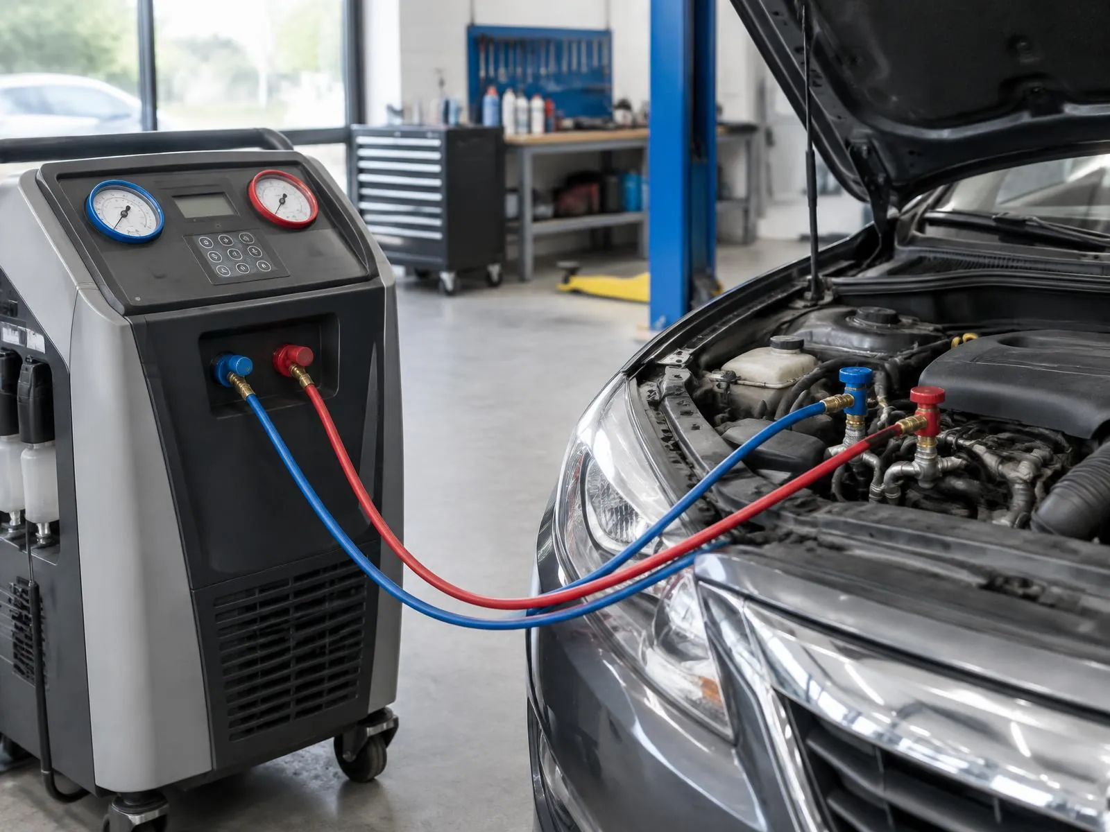 An A/C recharge station connected under a car bonnet