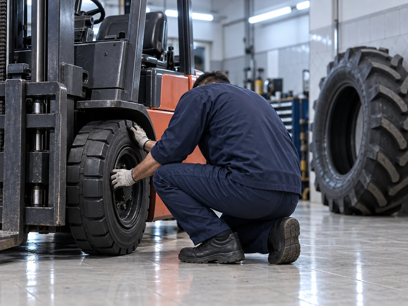 Mechanic checking a forklift tire