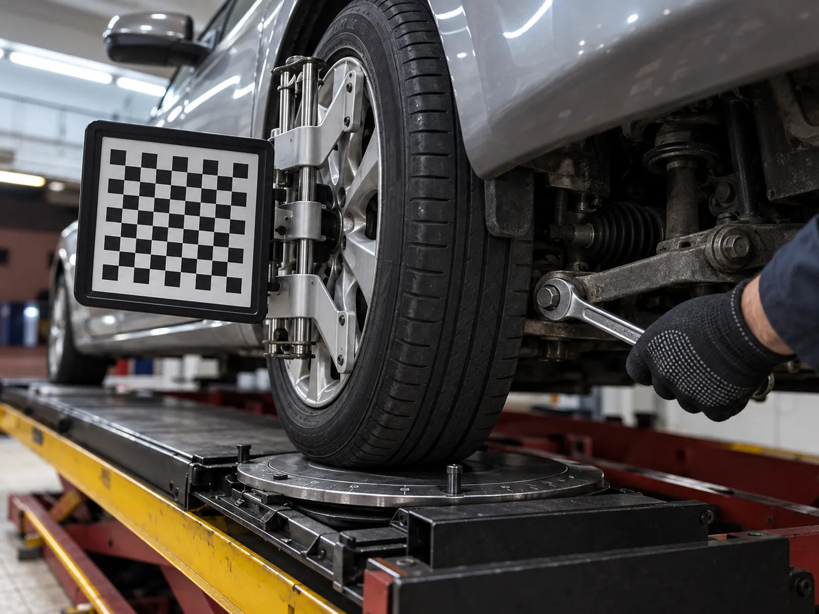 Adjusting the camber with a wrench, wheel on the turntable