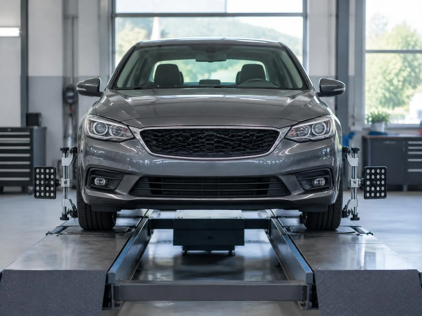 A car on an alignment lift, seen from the front