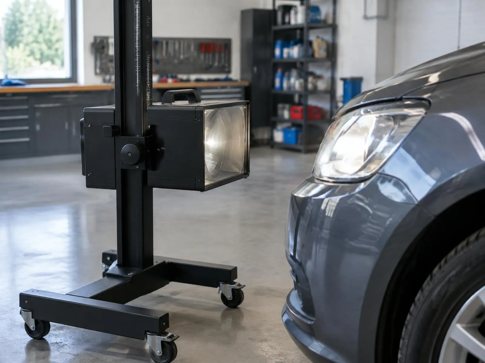A car headlight beam being checked in a workshop