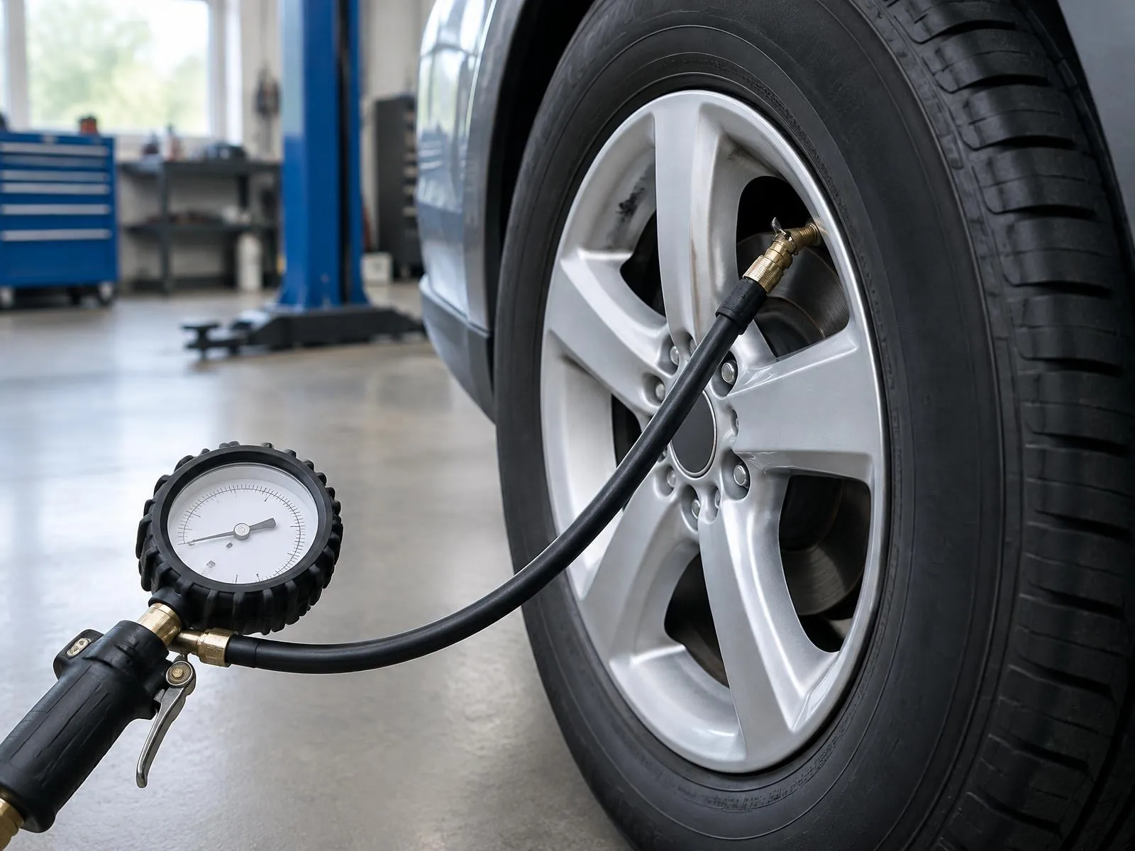 A tire being inflated with a pressure gauge
