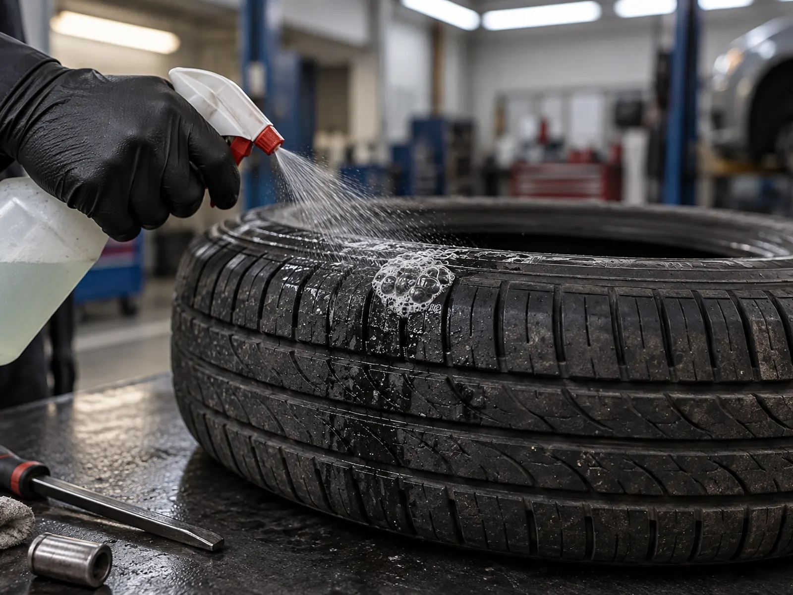 Soapy water sprayed on a tire: bubbles show the leak