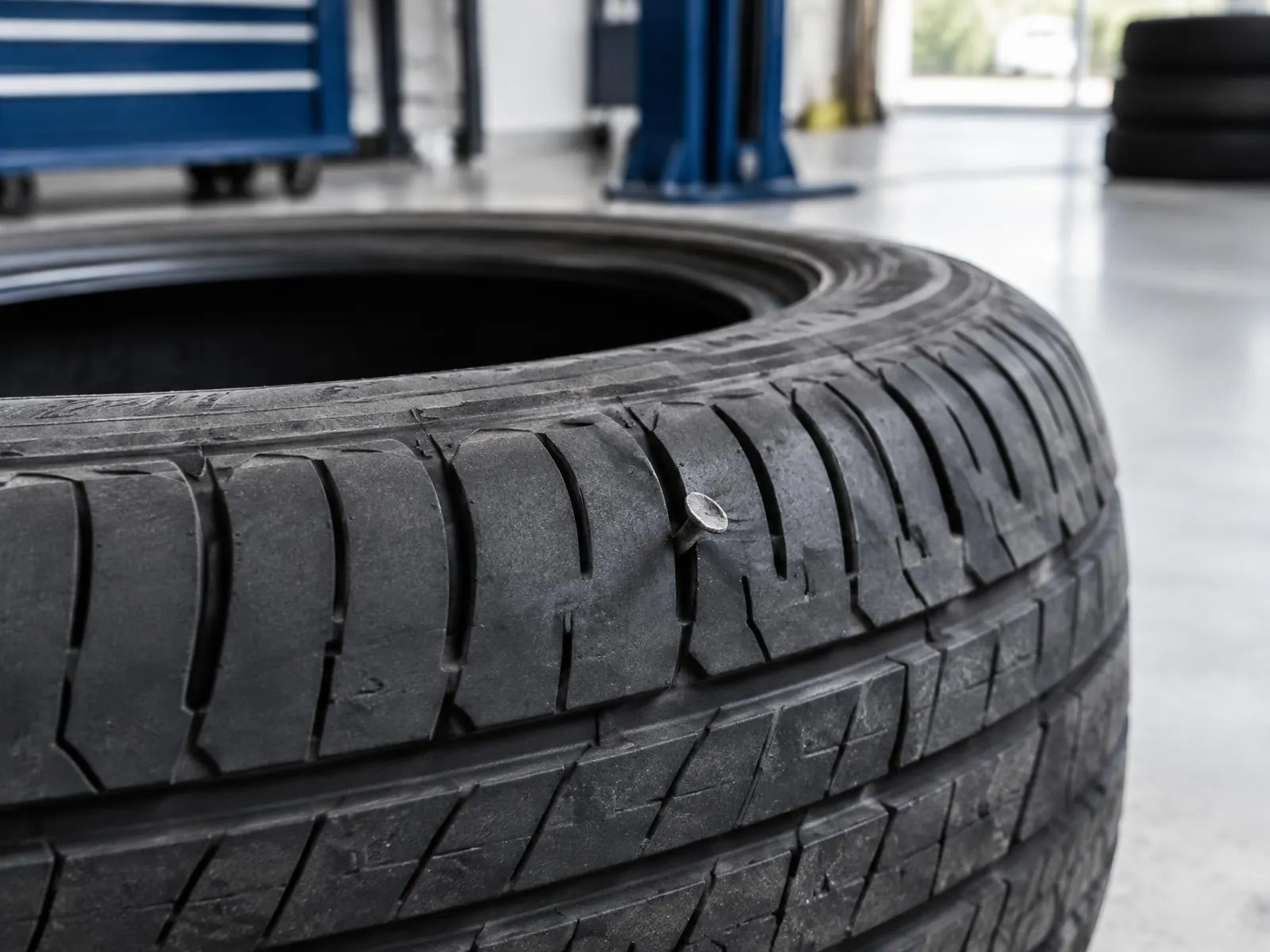 Close-up of a nail in a tire tread