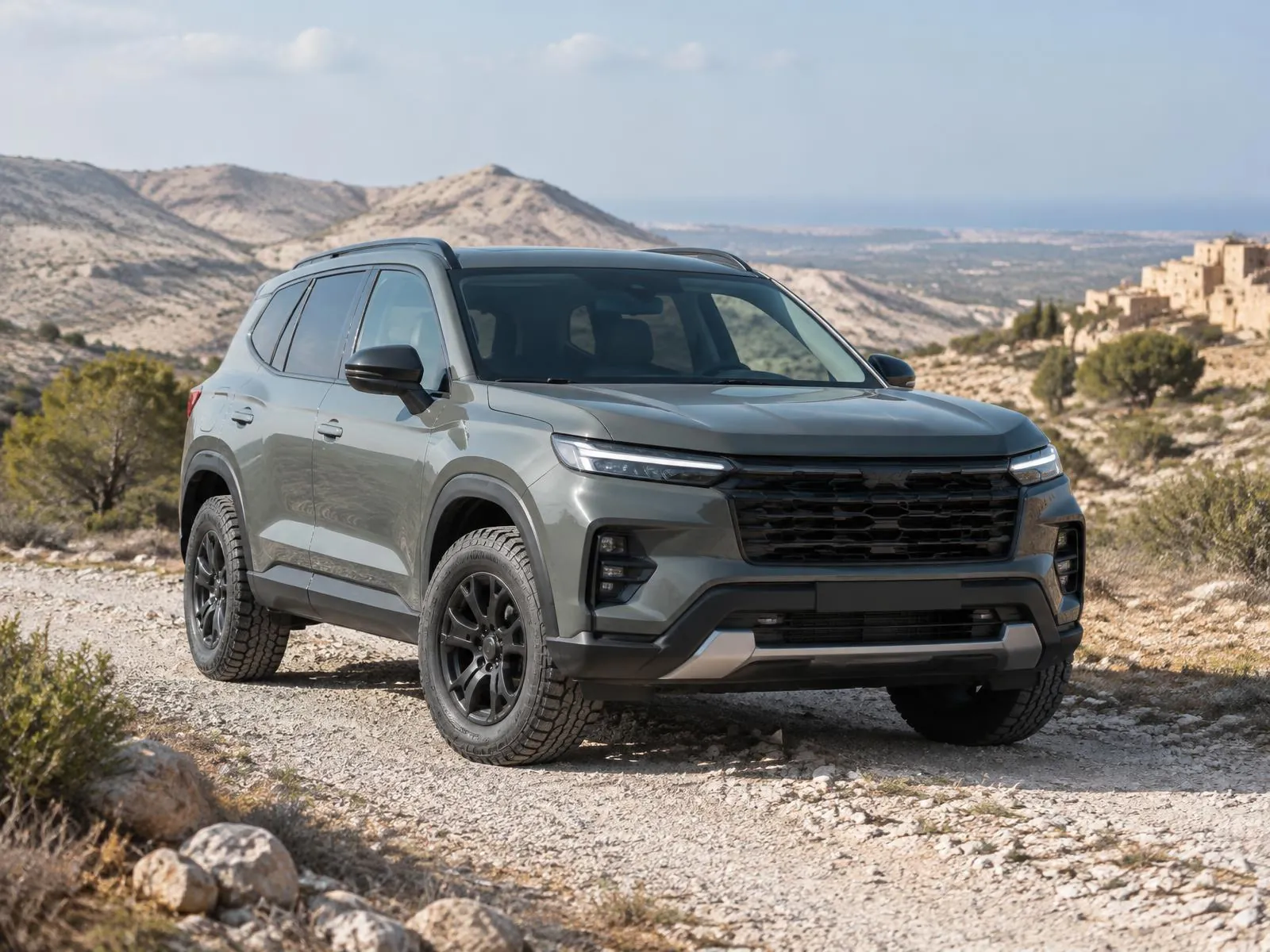 An SUV with all-terrain tires on a gravel track