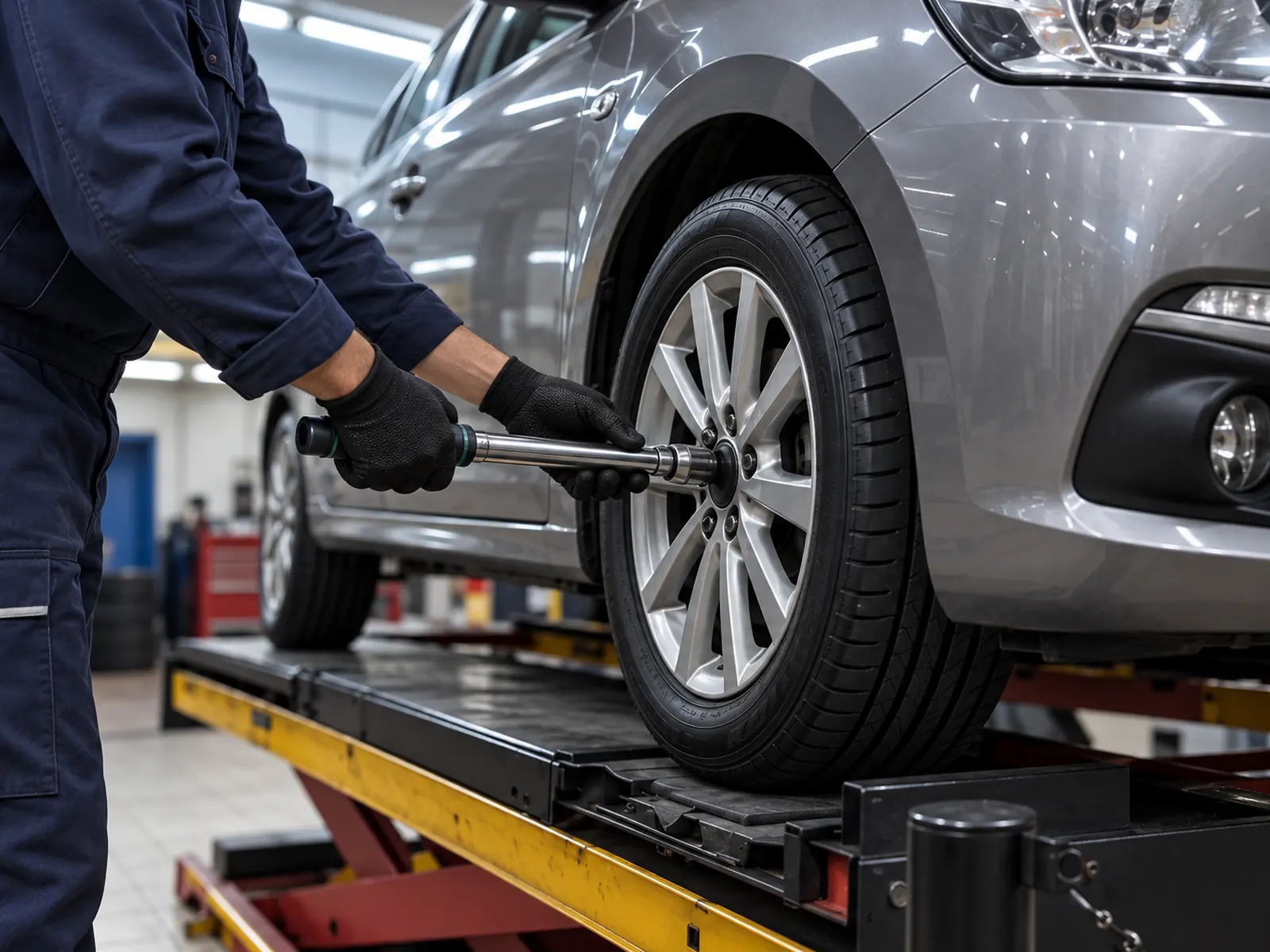 Mechanic tightening wheel nuts with a torque wrench