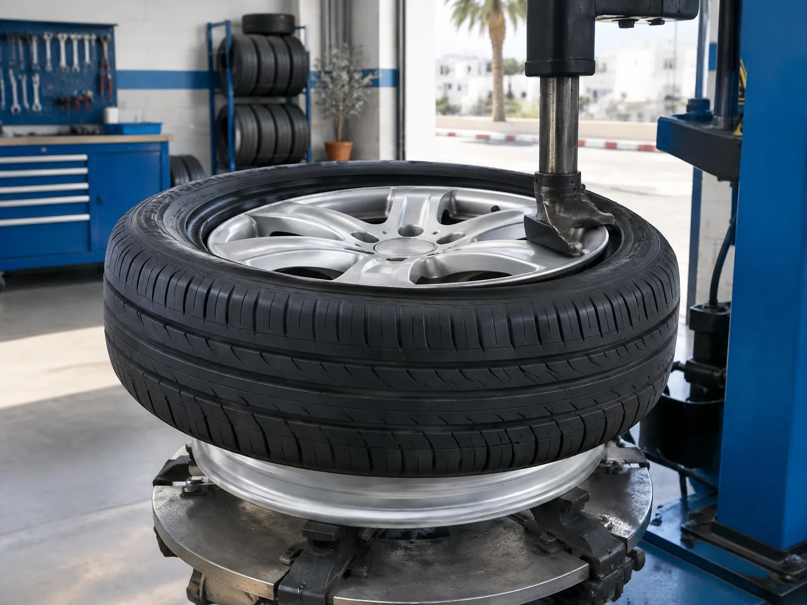 A tire being fitted on a wheel in a workshop
