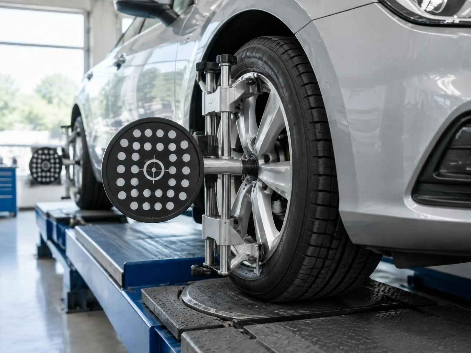 3D measuring target clamped on a car wheel