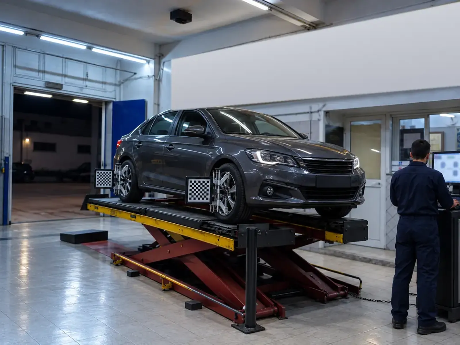 Car on the alignment lift, 3D targets on the wheels