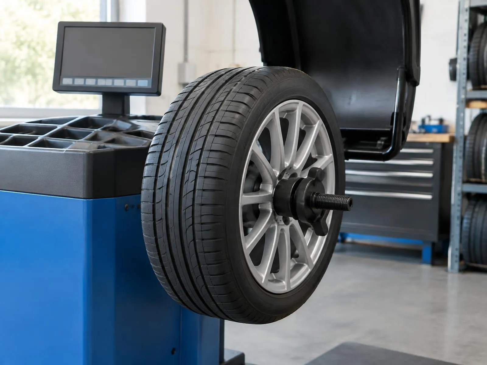A wheel on a balancing machine